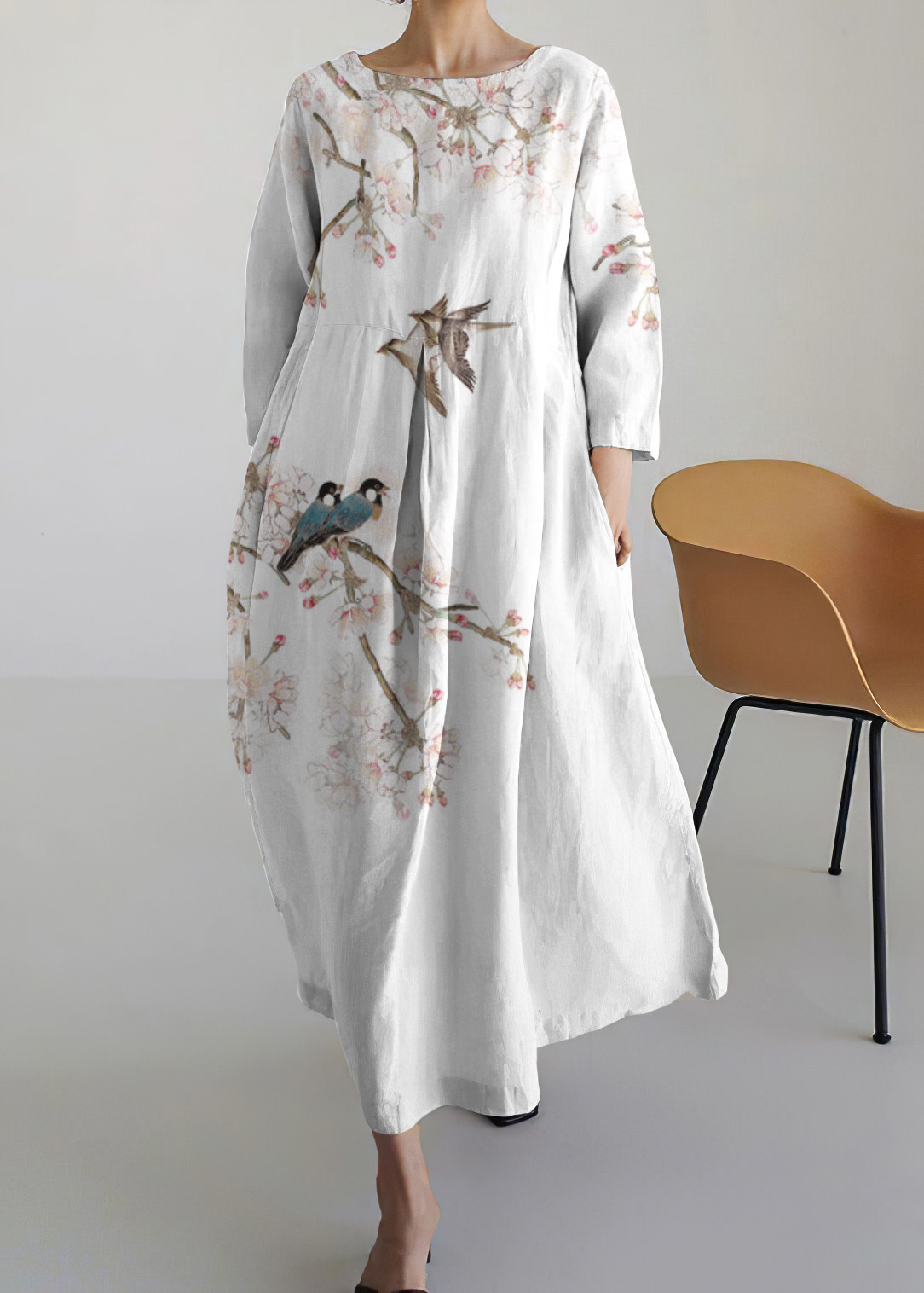 Comstylish Flower And Bird Print Round Neck Loose Midi Dress