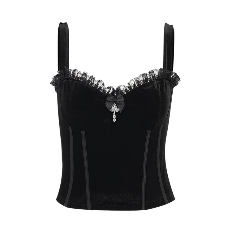 InsDoit Y2K Gothic Velvet Summer Tank Tops Women Black Sexy Vintage Lace Streetwear Corset Top Sleeveless Punk Grunge Crop Tops