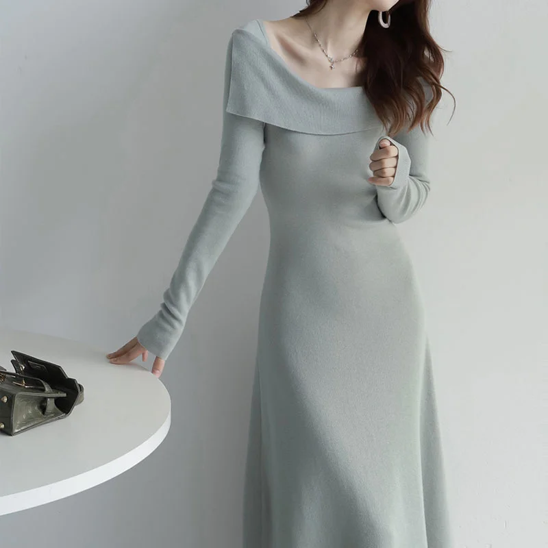 French one-shoulder fashion wool knit dress