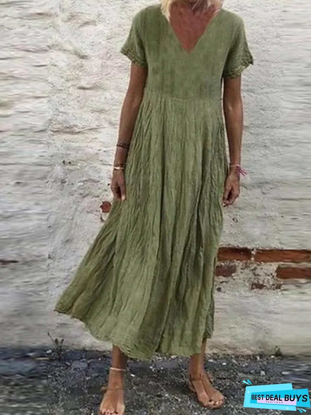 Women's Plus Size A-Line Dress Midi Dress - Short Sleeves Summer V Neck Casual White Black Yellow Orange Green White Dresses Linen