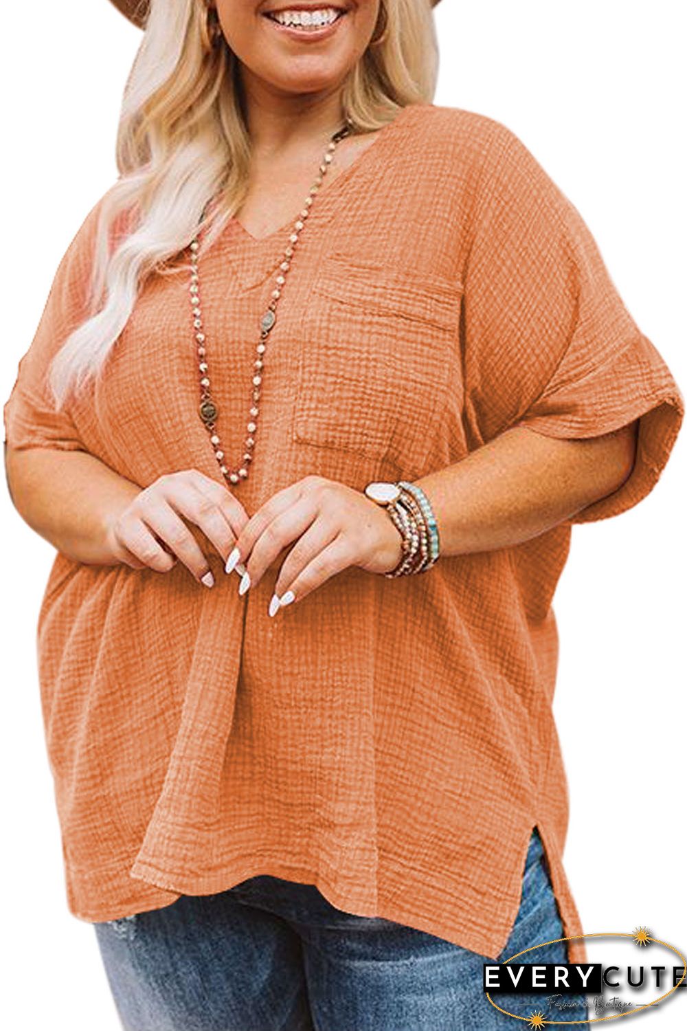 Red Textured Pocket Split V Neck Plus Size Top
