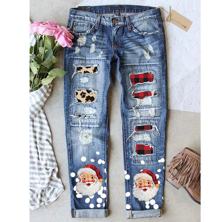 Santa Claus Graphic Mid Waist Ripped Jeans