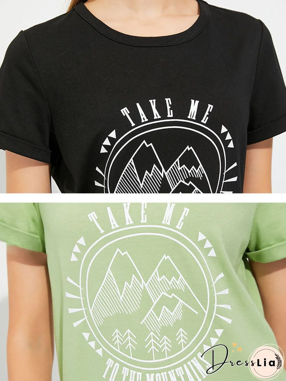 Stick Figure Landscape Print Crew Neck Short Sleeve T-shirt