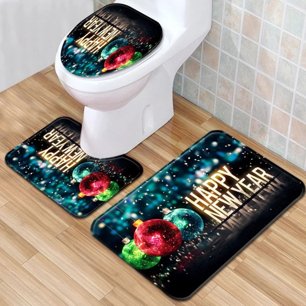 Christmas Toilet seat Cover 3pcs Set Bathroom Mat Home  Absorbent Door mats washroom Decoration Carpet Printing Flannel Rug