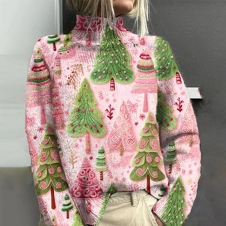 Pink Christmas Tree Knit Turtleneck Sweater