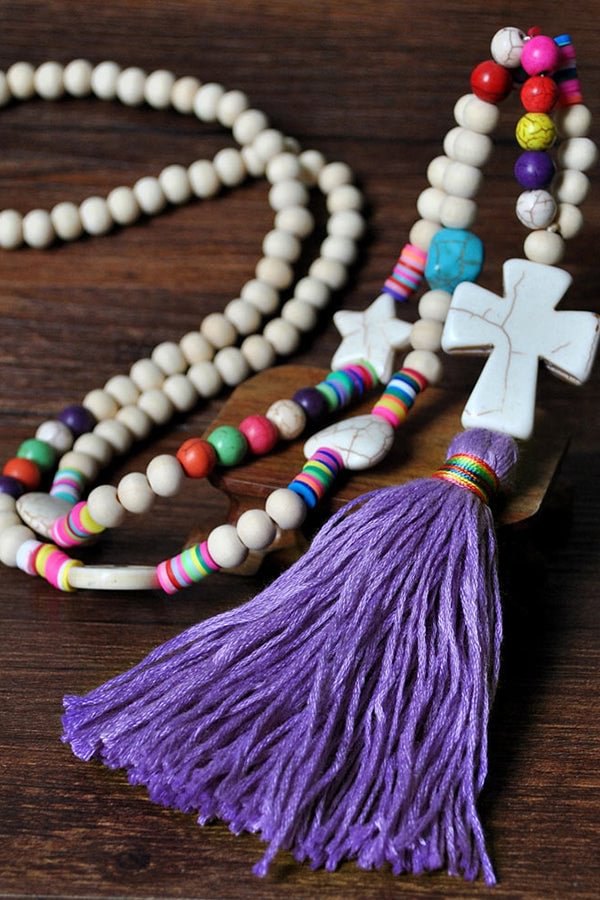 Handmade Wooden Beaded Tassel Sweater Chain - Purple Cross