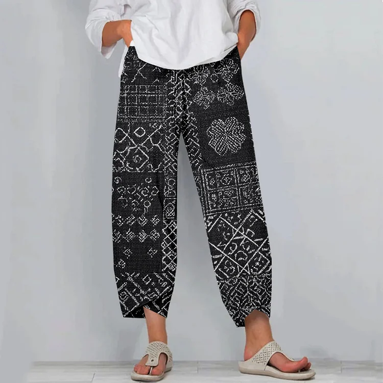 VChics Vintage Japanese Sashiko Art Cropped Casual Linen Pants