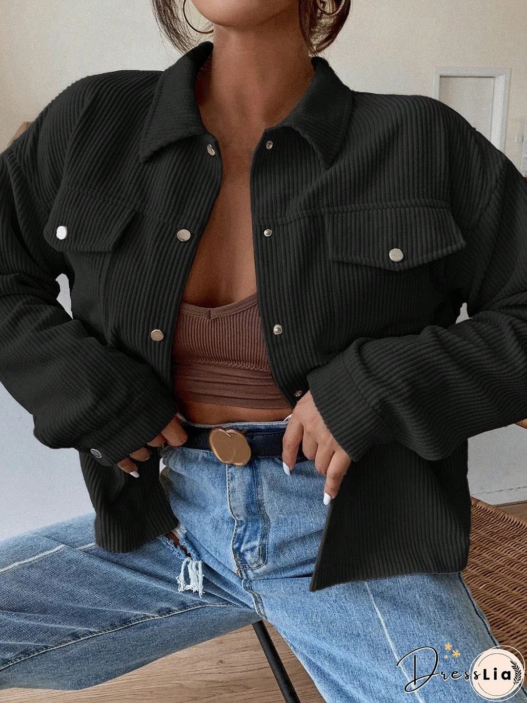 Honey Pocketed Collared Neck Snap Down Jacket