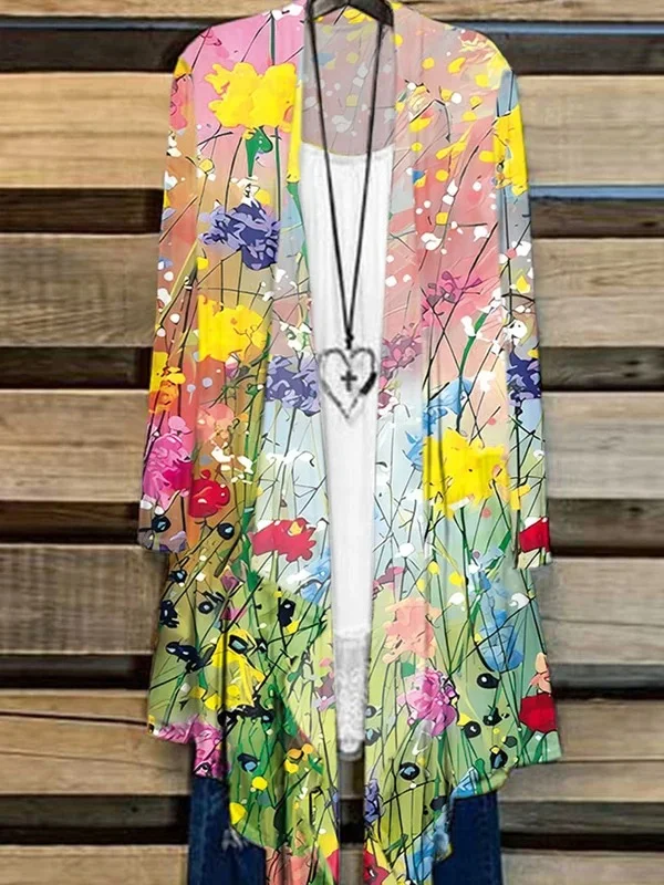 Casual Floral Painting Print Cardigan