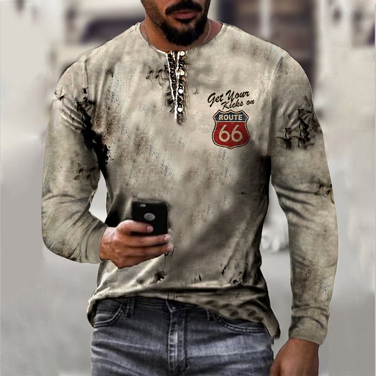 Vintage Route 66 Henry Neck T-Shirt