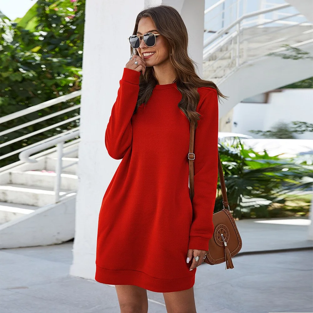 Winter Women Casual Long Sleeve Solid Dress Fashion Crew Neck Pockets Autumn Sweatshirts Female 2020 Straight New Dress