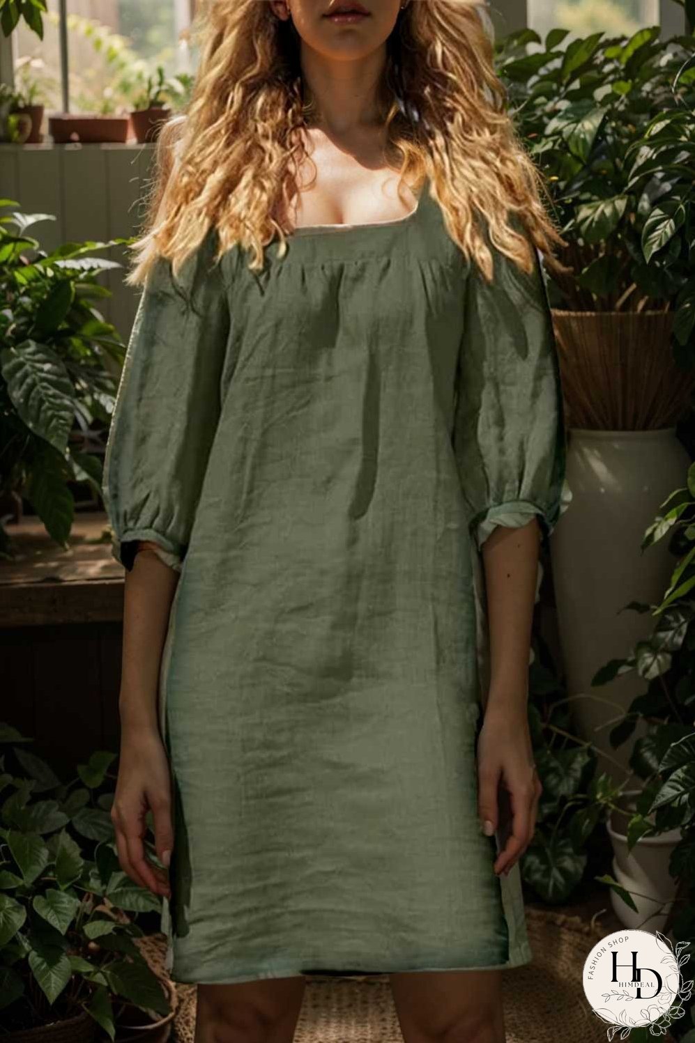 cotton linen loose casual half sleeve mini dress