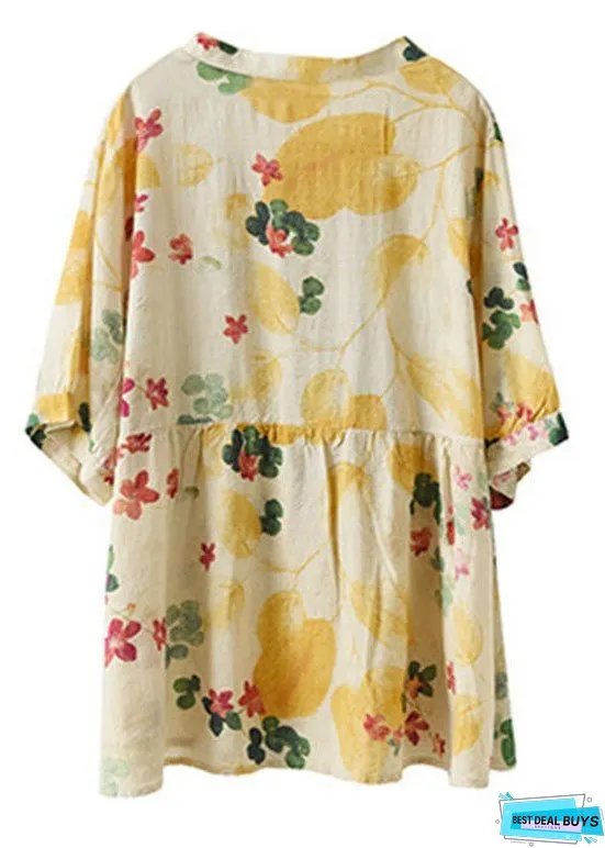 Simple Yellow V Neck Print Cotton Top Half Sleeve