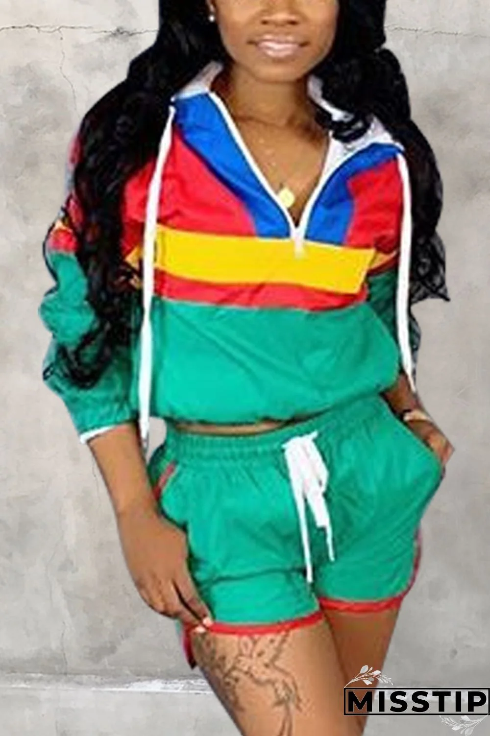 Green Casual Patchwork Sports Two-piece Set