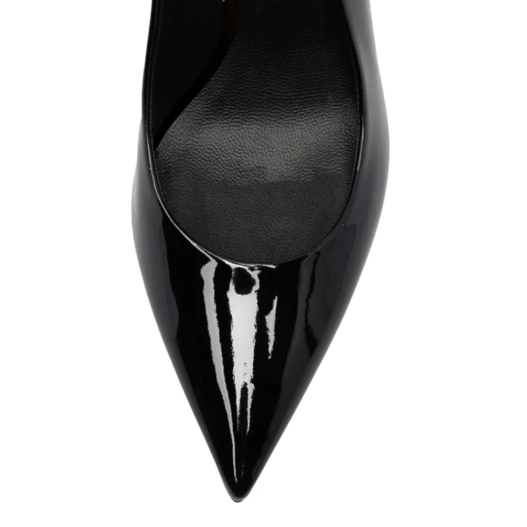 Black Patent Leather Pointed Slingback Pumps with Decorative Heels