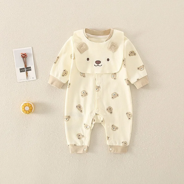 Baby Boy/Girl 100% Cotton Bear Pattern Long Sleeve Romper with Burp Cloth Set