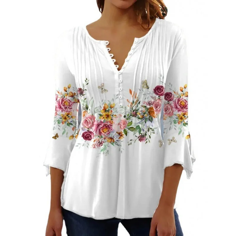 Uveng Wear Floral Printed V-neck Sleeve Pleated Blouses