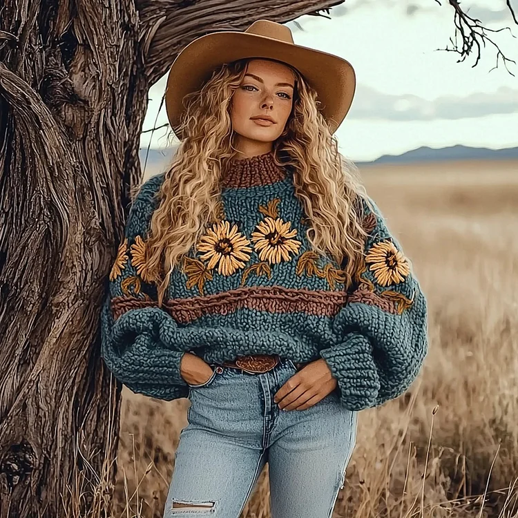 Women's Floral Contrast Color Oversized Relaxed Knit Sweater