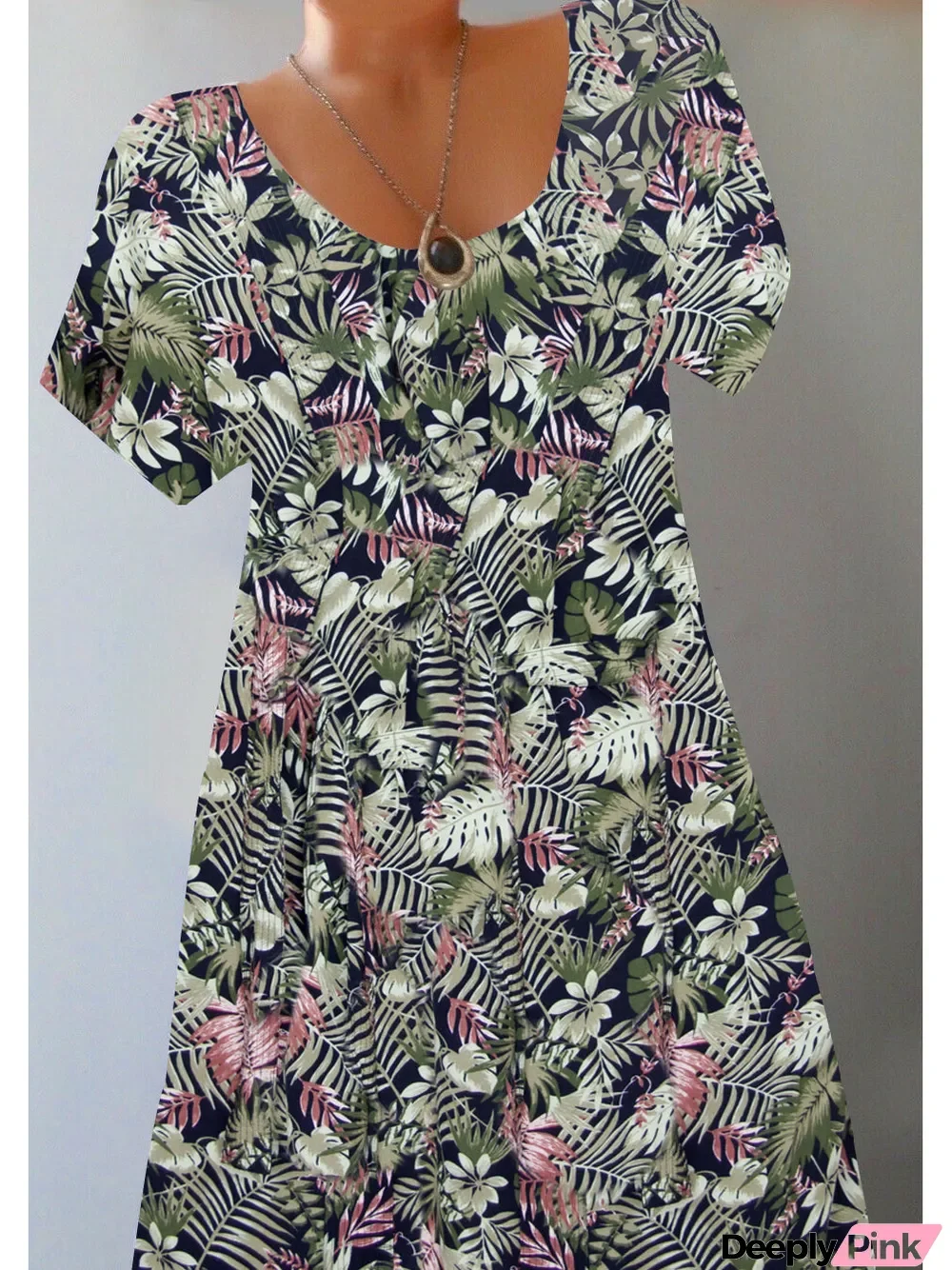 Women Short Sleeve Scoop Neck Casual Floral Printed Midi Dress
