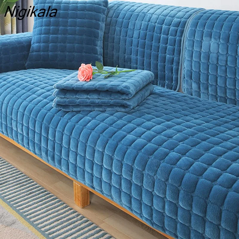 Nigikala Sofa Cover Cushion Plush Non-slip Thickened SlipCover Cushion Cover Universal Solid Color Dust-proof Sofa Seat Cover
