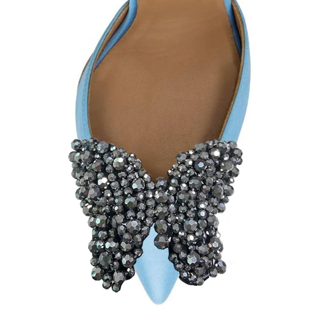 Rhinestone Butterfly Slip On Slingback Blue Closed Toe Heels