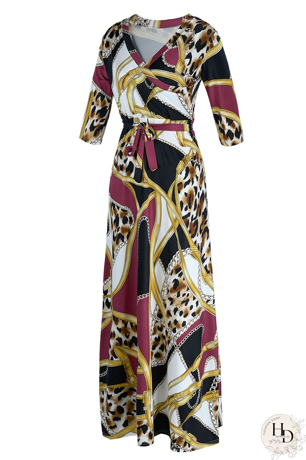 Multicolor Fashion Casual Print Bandage Patchwork V Neck Long Dress