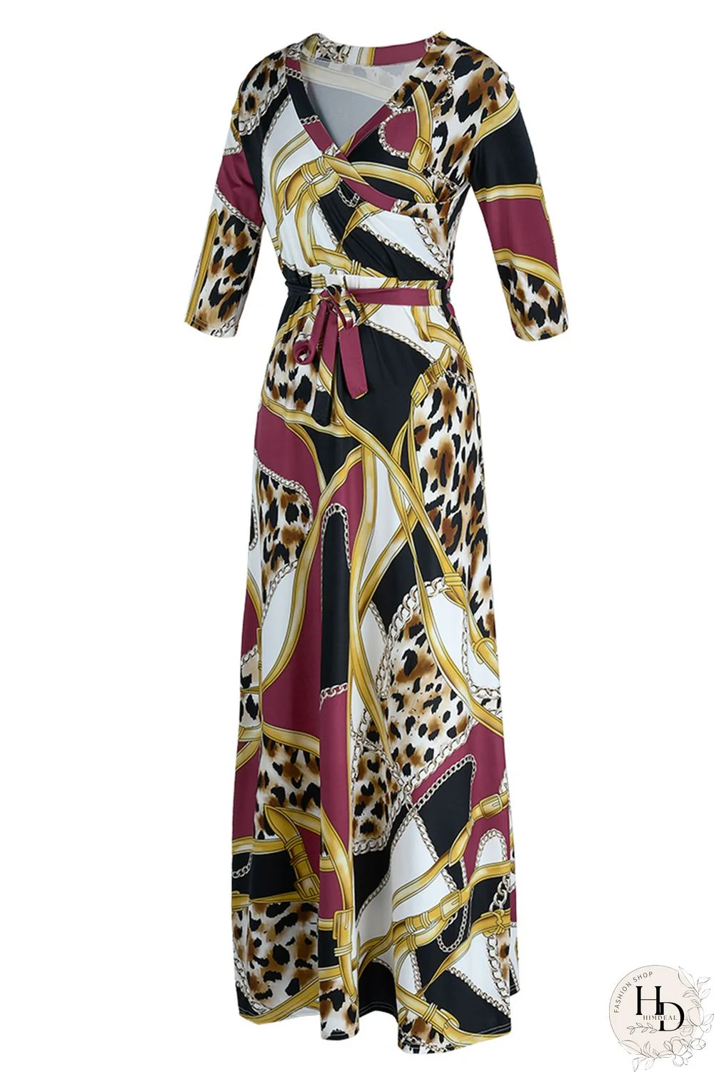 Multicolor Fashion Casual Print Bandage Patchwork V Neck Long Dress