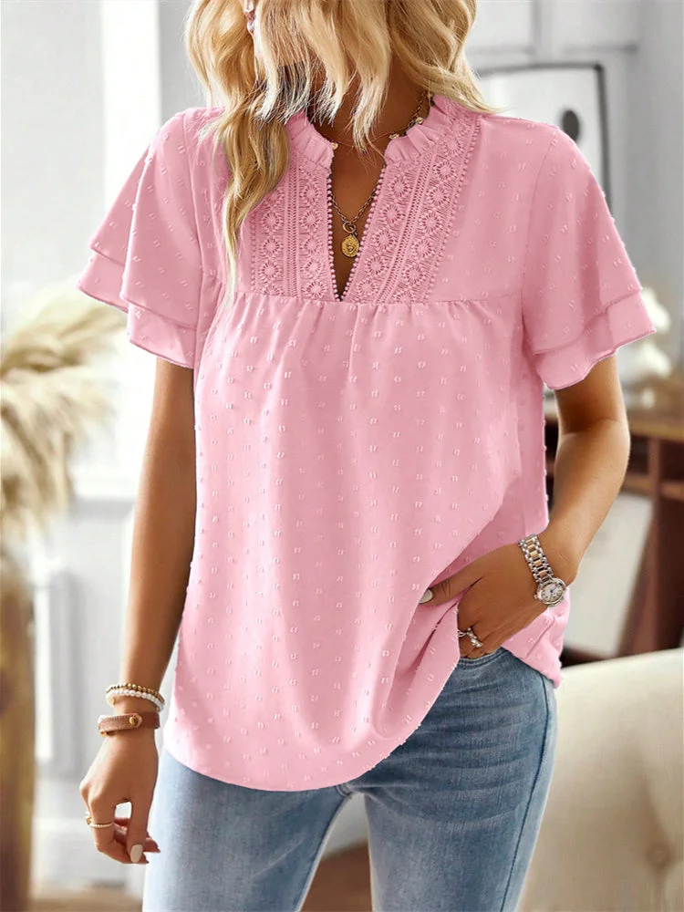 Women's Short Sleeve V-neck Polka Dot Printed Lace Stitching Tops