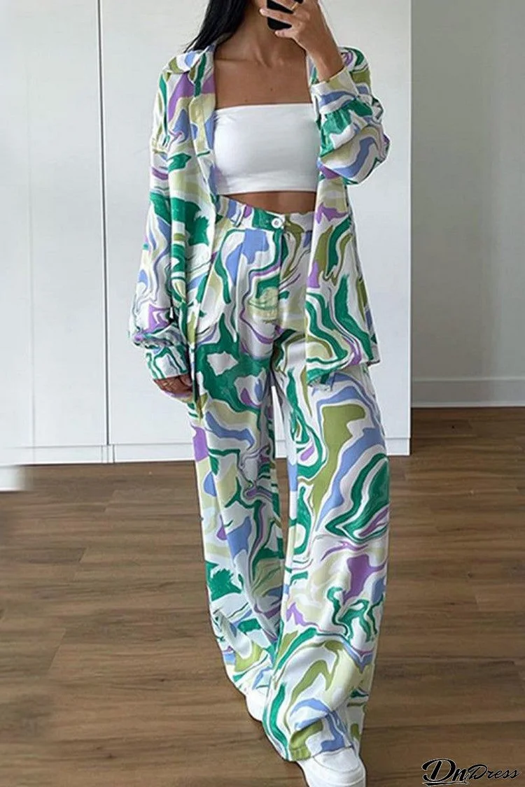 Casual Print Cardigan Pants Turndown Collar Long Sleeve Two Pieces