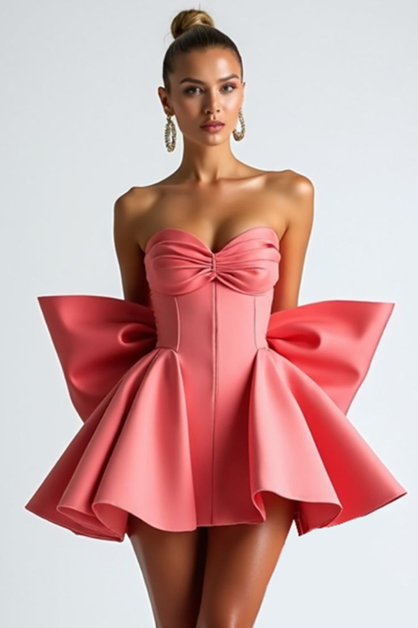 Ovlias Watermelon Sweetheart Corset Ruffled Homecoming Dress With Bow HC0182
