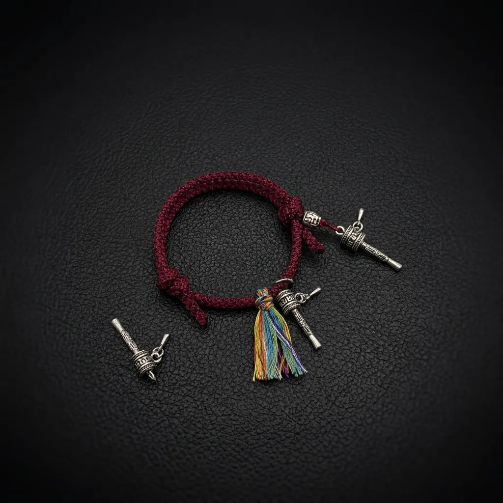 JiStones Eternal Blessing: Hand-Woven Tibetan Prayer Wheel Bracelet in Heritage Crimson Heritage Crimson & Vintage Silver