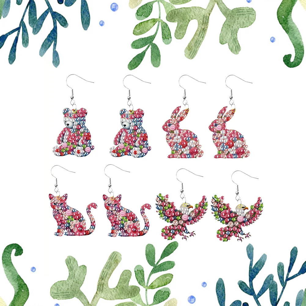 4 Pairs Double Sided Flower Animal DIY Diamond Painting Earrings for Women Girls