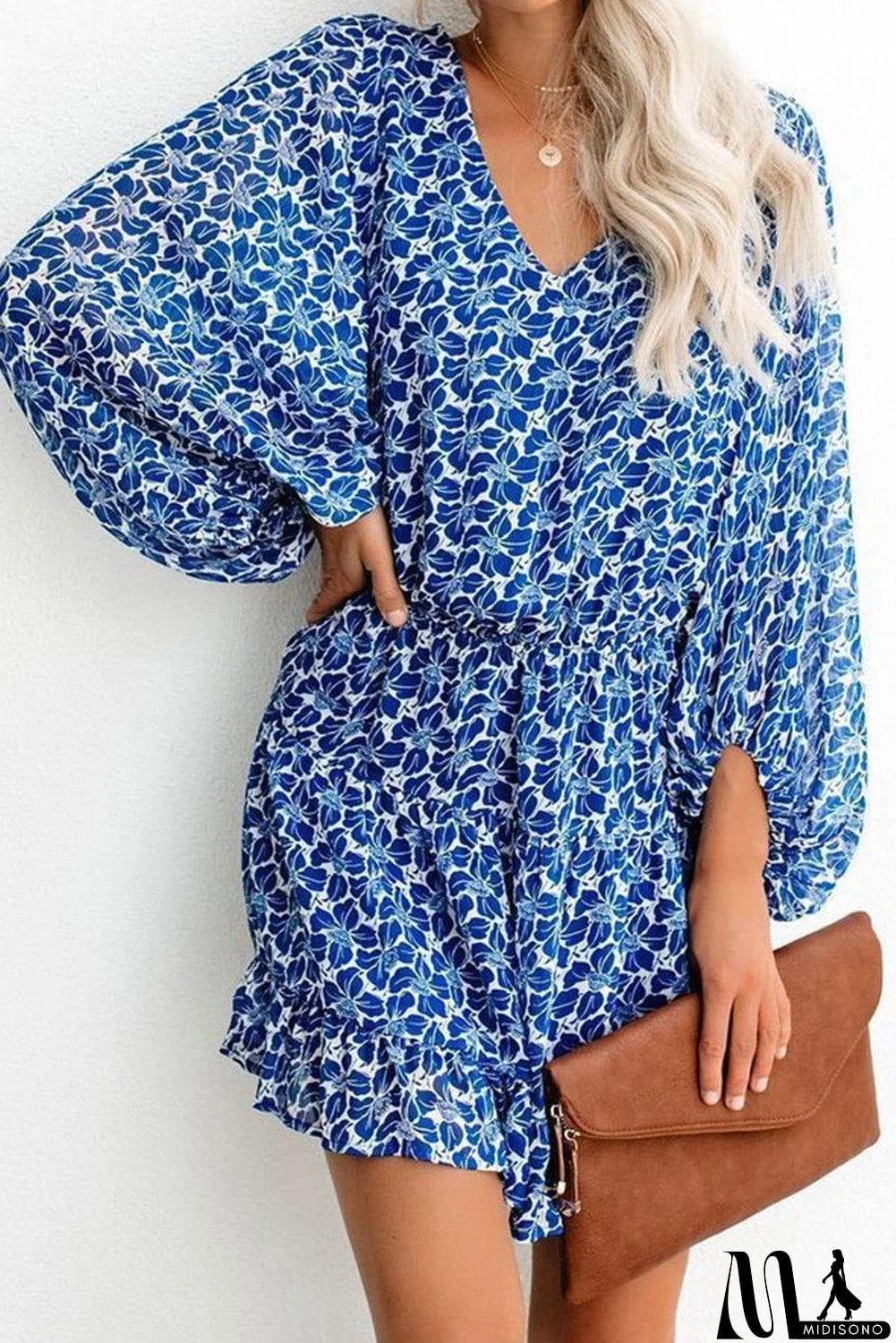 MidiSono - V Neck Lantern Sleeves Floral Tunic Dress