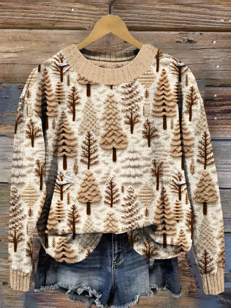 Beige Forest Embroidery Art Vintage Comfy Sweater