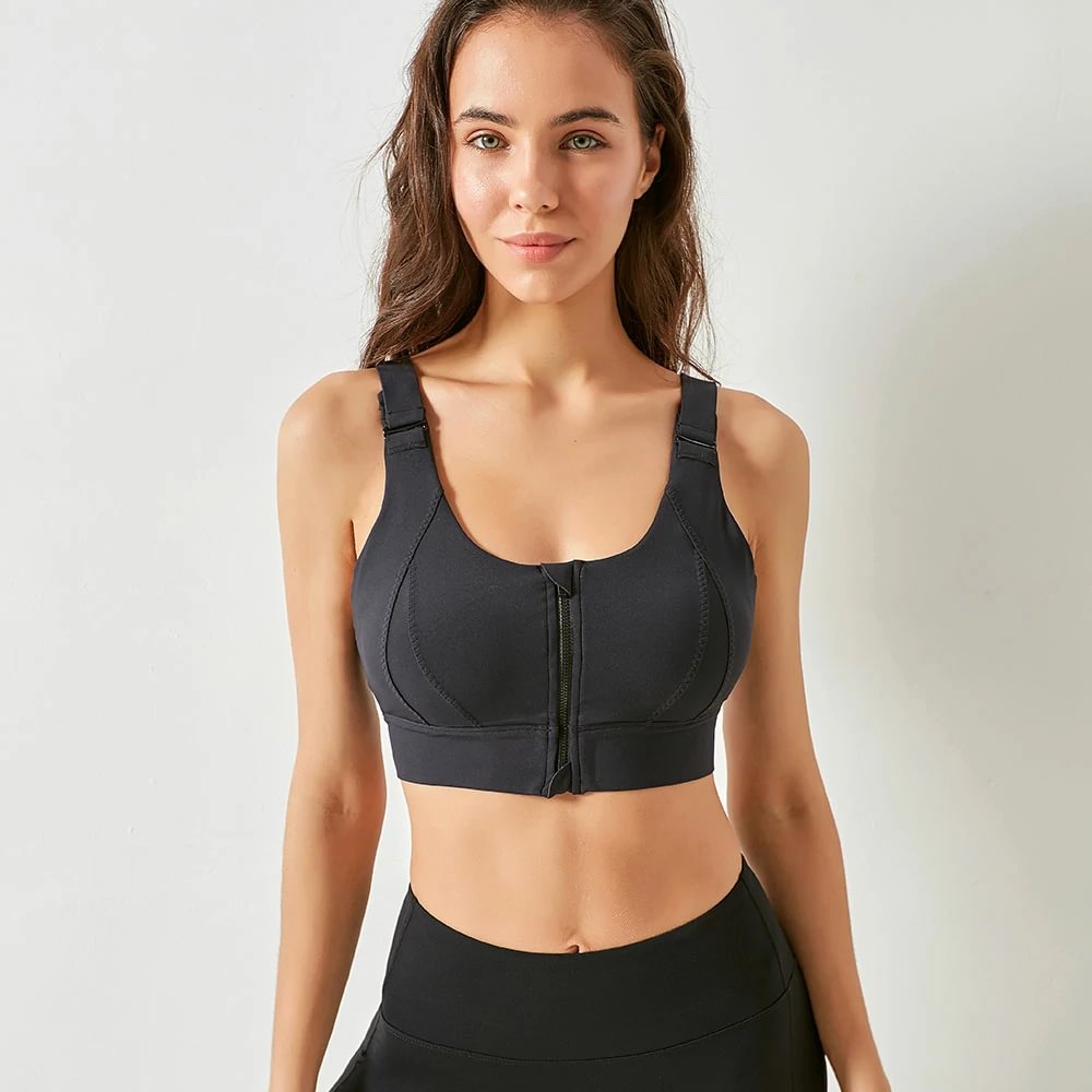 Black front zip sports bra with adjustable straps at Hergymclothing sportswear online shop