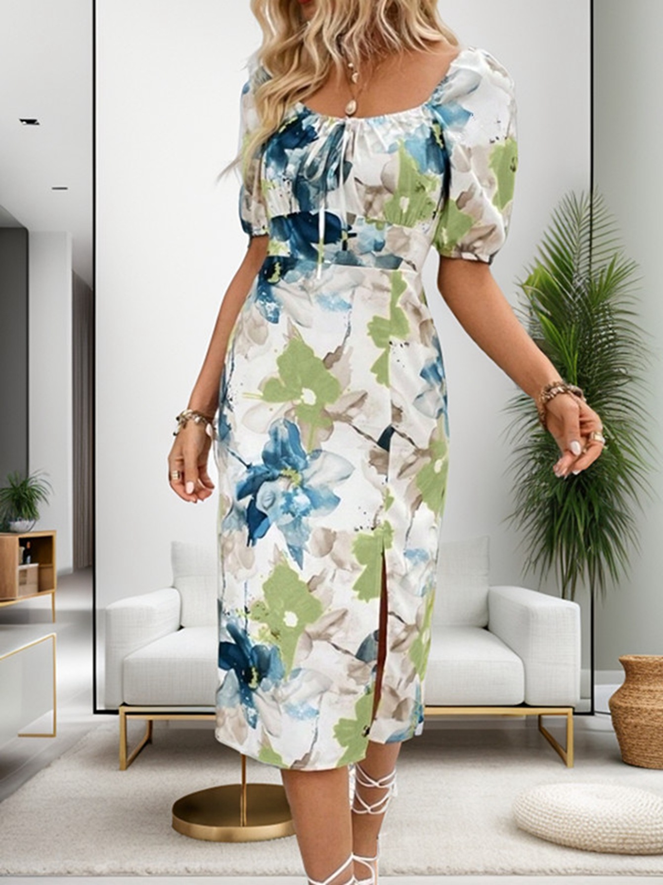 Creditnoom Elegant Floral Printed Short Sleeved Bubble Sleeve Slit Midi dresses For Women Half Sleeve Front Split Office Lady Party Dress