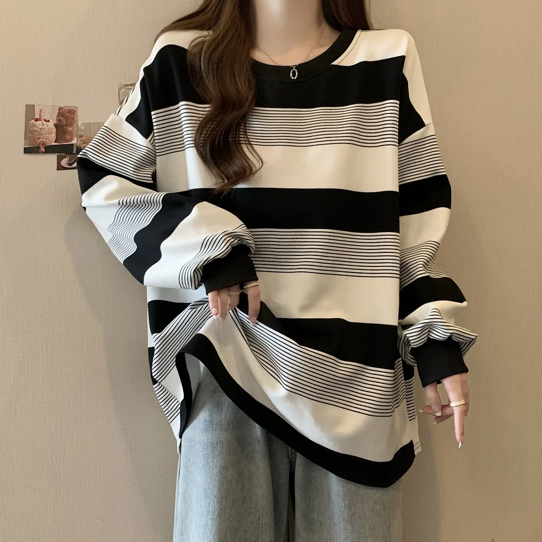 Toloer Toloer Stripe Thin Hoodie Women's 2023 New Autumn Show Thin Fat Mm Cover Belly Loose Student Jacket