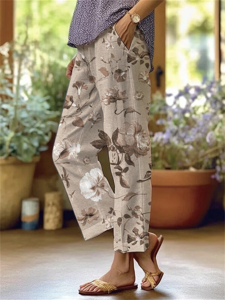 Women's New Cotton and Linen Printed Rolled Hem Casual Pants Printed Nine Minute Pants