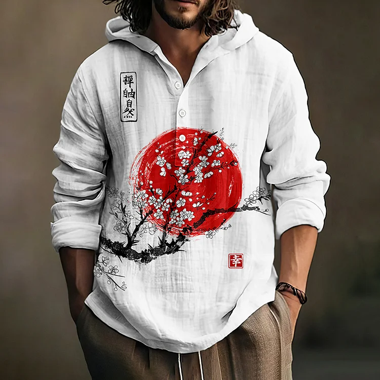 Men's Japanese Ukiyo-E  Sunrise Hokusai Sashiko Art Linen Blend Hooded Shirt