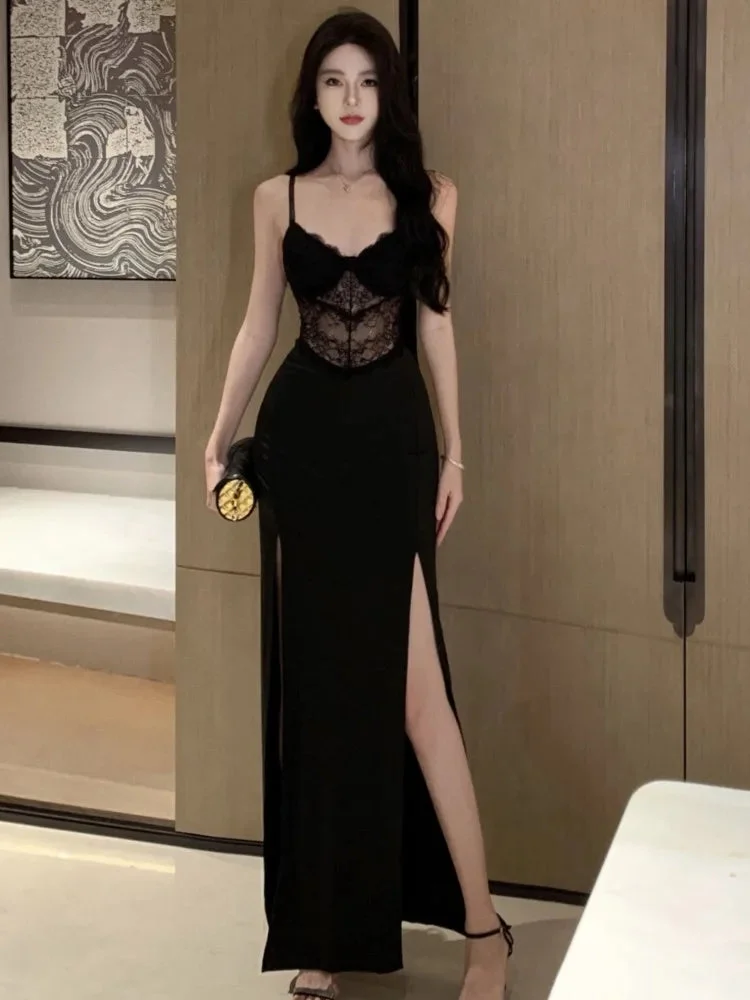 Abebey-Sexy Black Lace Long Dresses for Women Summer New Hollow Out High Split Bodycon Camisole Evening Party Dress Prom Robe Vestido