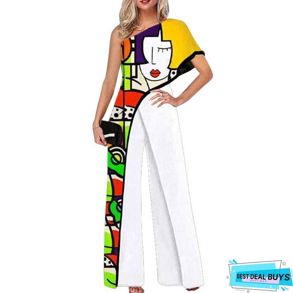 Jumpsuit Printed Diagonal Shoulder Fashion Wide Leg Pants For Women