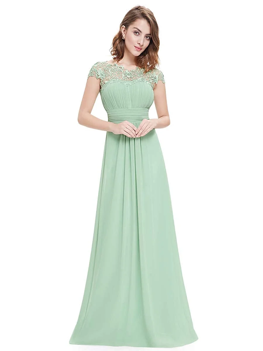 Evening Dress Womens Cap Sleeve Lace Neckline Ruched Bust Evening Gown