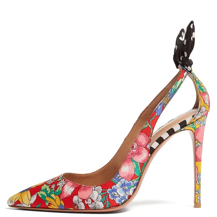 Multicolor Floral Print Stiletto Heels Bow Cut Out Pumps for Women |FSJ Shoes