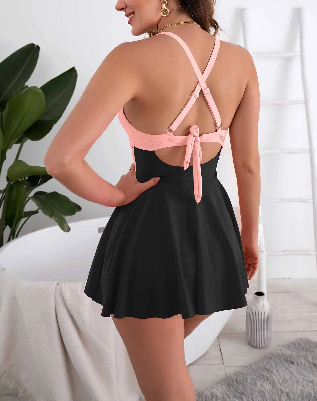 B2prity Women Cutout One Piece Skirt Swimsuit V Neck Wrap Tie Back Swimdress Tummy Control Bathing Suits