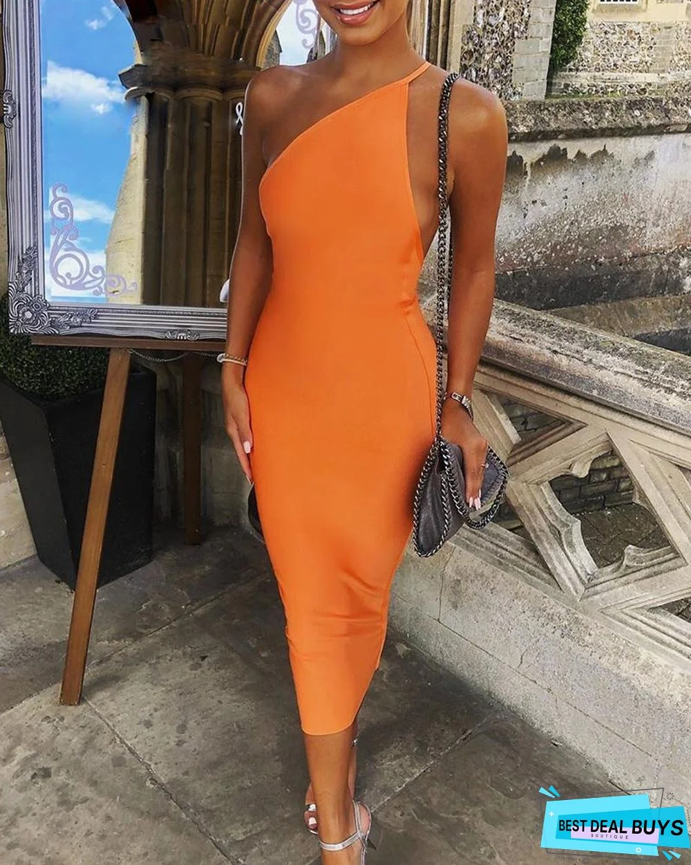 Solid Asymmetrical Neck Bodycon Dress