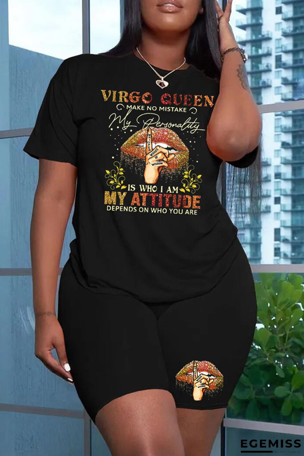 Black Fashion Casual Letter Lips Printed Patchwork O Neck Short Sleeve Plus Size Two Pieces | EGEMISS