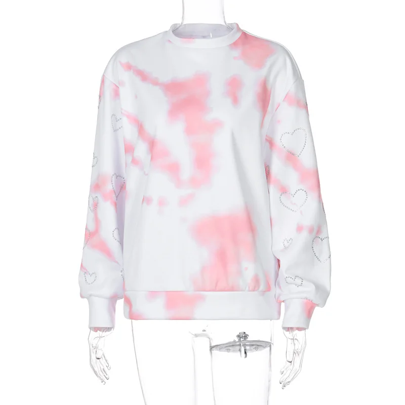 Jangj Winter Female Pink Urban Tie Dye Crewneck Sweatshirt Women Printed Sweet Long Sleeve Streetwear