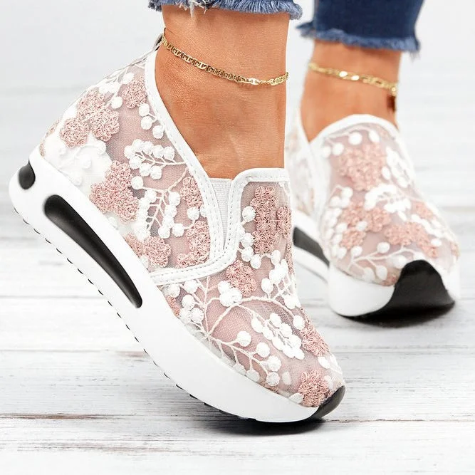 Women plus size clothing Women Floral Embroidery Breathable Sheer Mesh Sneakers Shoes-Nordswear