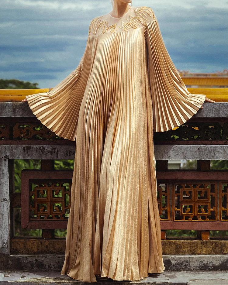 Women's Round Neck Mesh Sequin Pleated Dress
