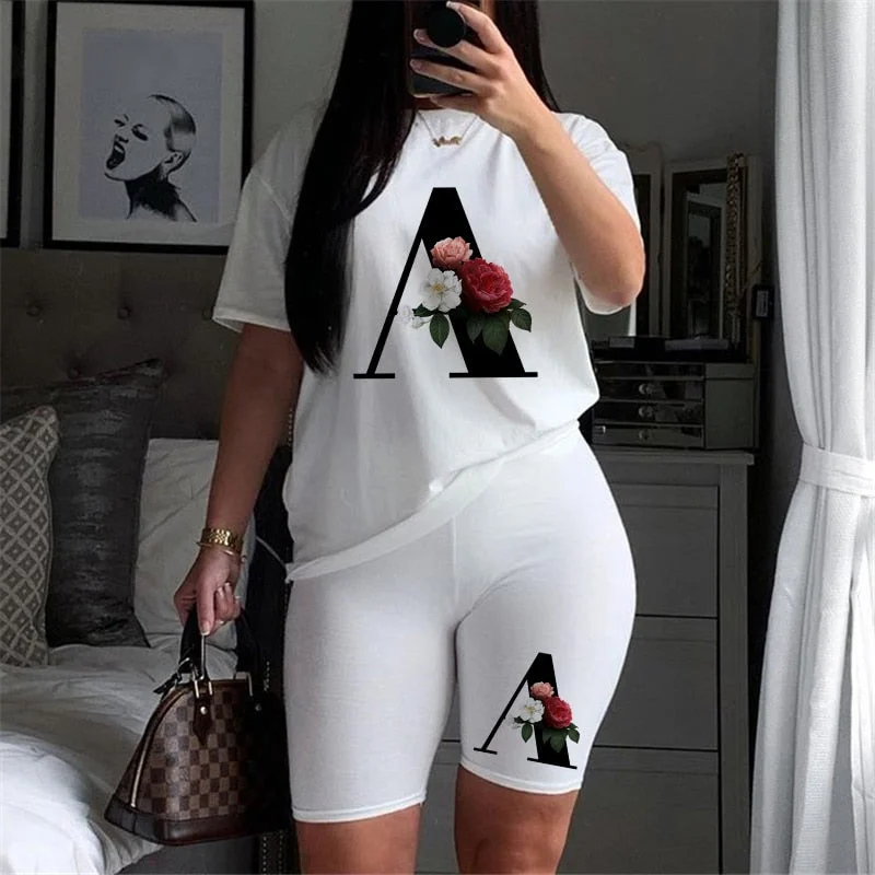 Women Two Piec Set Letter T Shirts And Shorts Set Summer Short Sleeve O-neck Casual Joggers Biker Shorts Outfit For Woman